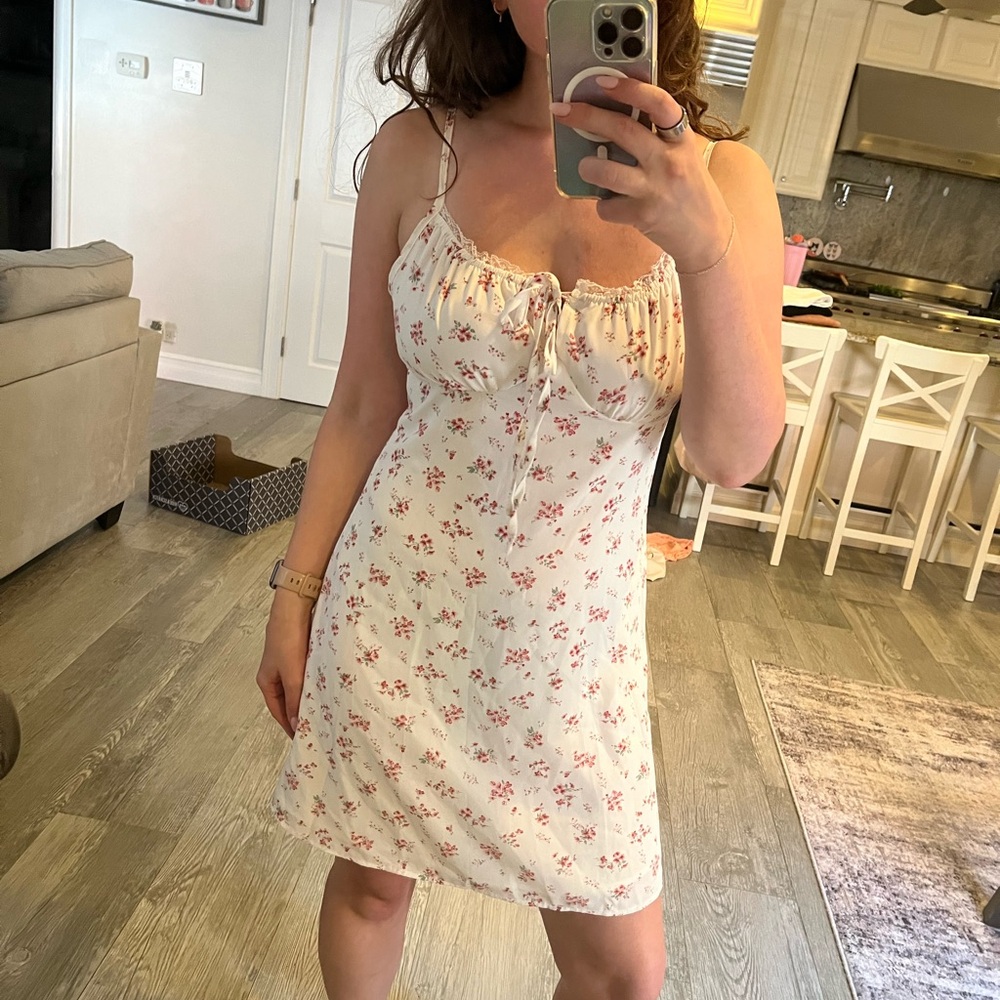 White and Pink Floral Spaghetti Strap Mini Dress